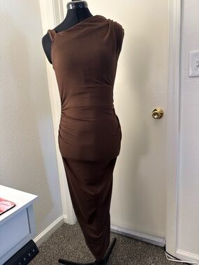Brown One-Shoulder Ruched Maxi Dress